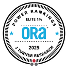 ORA Power Rankings Elite 1% seal, 2025. Blue, white, and black circular graphic with stars, text, and dots.