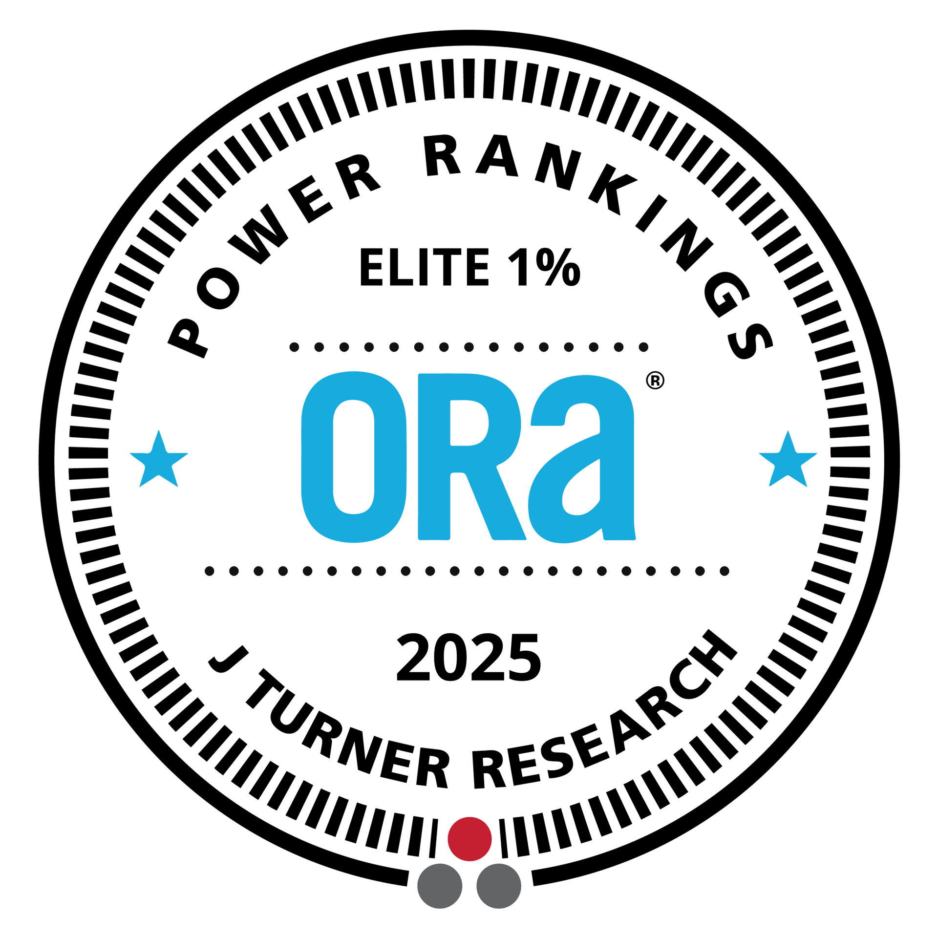 ORA Power Rankings Elite 1% seal, 2025. Blue, white, and black circular graphic with stars, text, and dots.