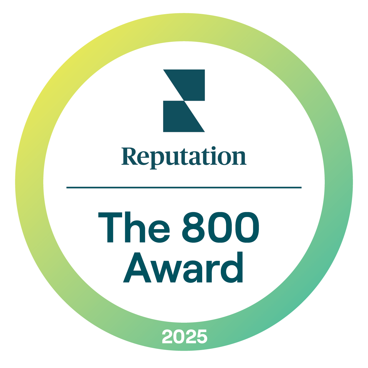 Reputation The 800 Award badge, teal and yellow circle, 2025.
