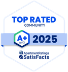 Badge: Top Rated Community A+ 2025. By ApartmentRatings & SatisFacts.