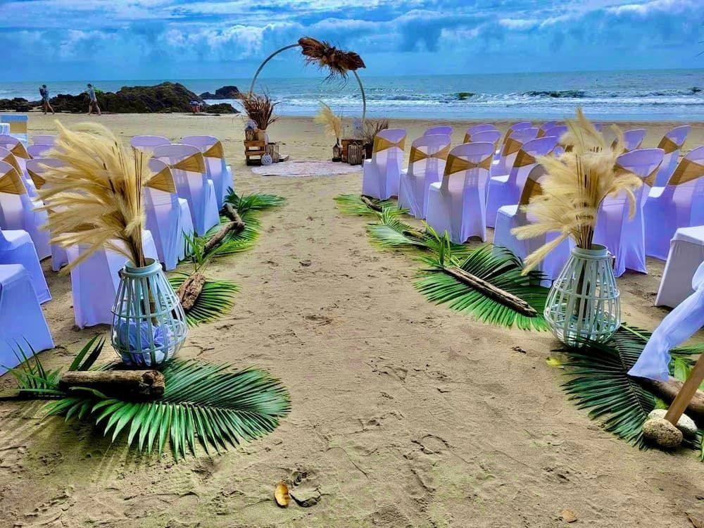 Beach Wedding Setup: White Chairs, Arch, Pampas Grass — Creative Events Innisfail in Innisfail, QLD
