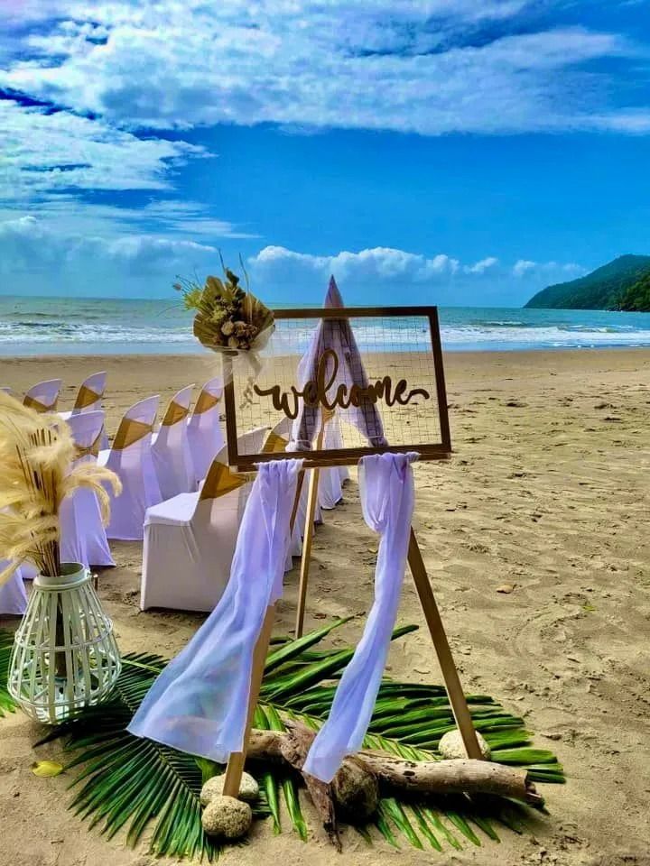 Beach Wedding Setup With Welcome Sign — Creative Events Innisfail in Innisfail, QLD
