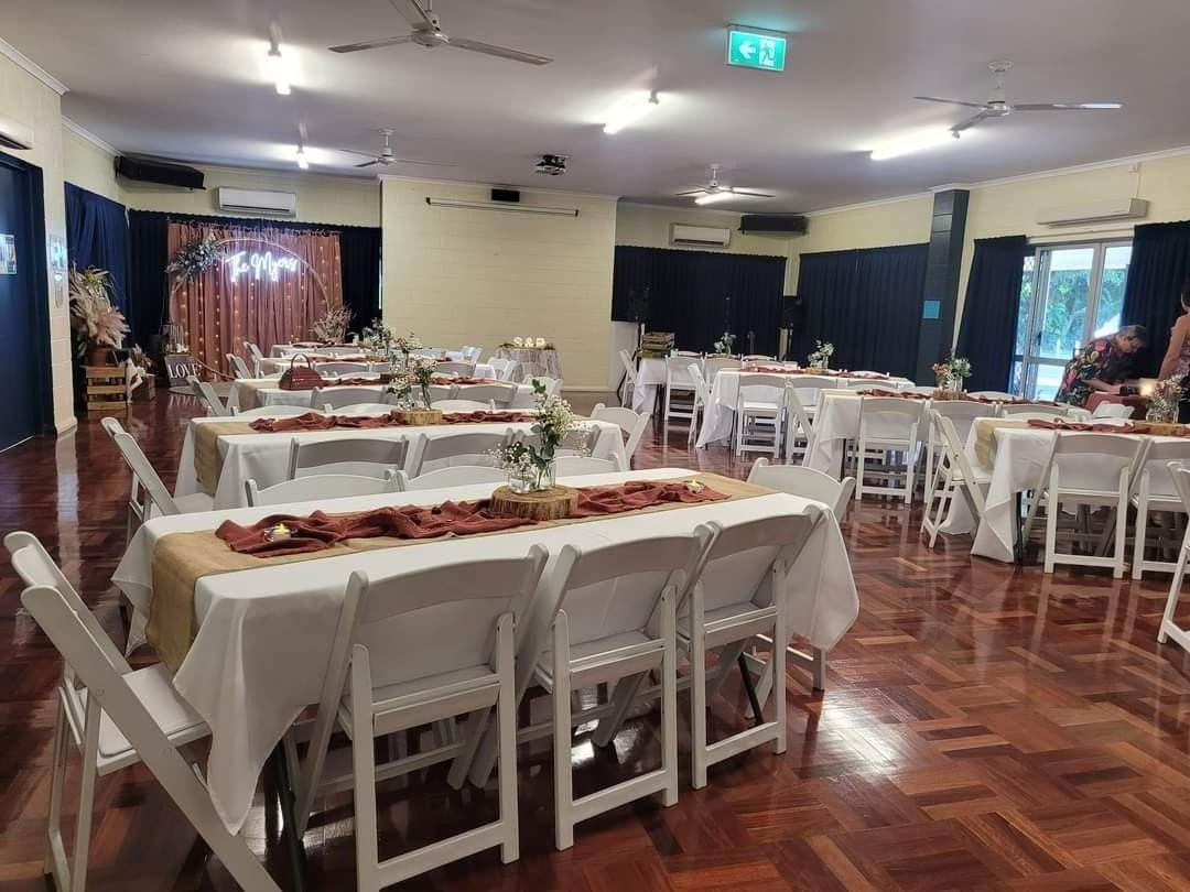 Inside of Event Space Set With White Tables, Chairs, and Decor for a Party — Creative Events Innisfail in Tully, QLD