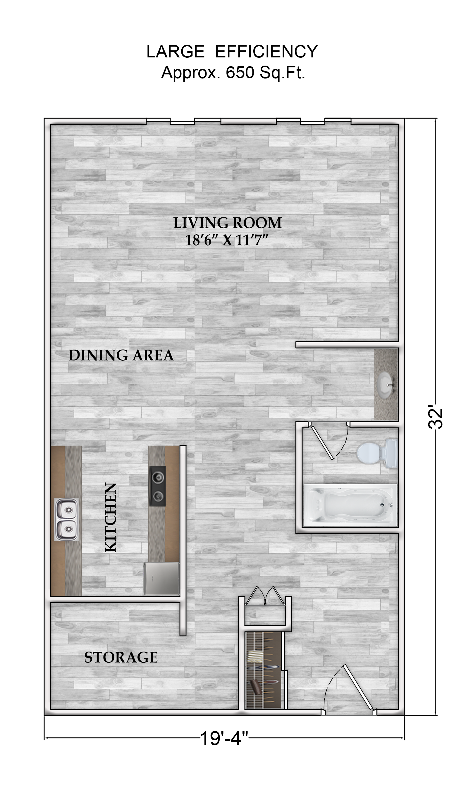 a floor plan of a large efficiency apartment with a brick wall .