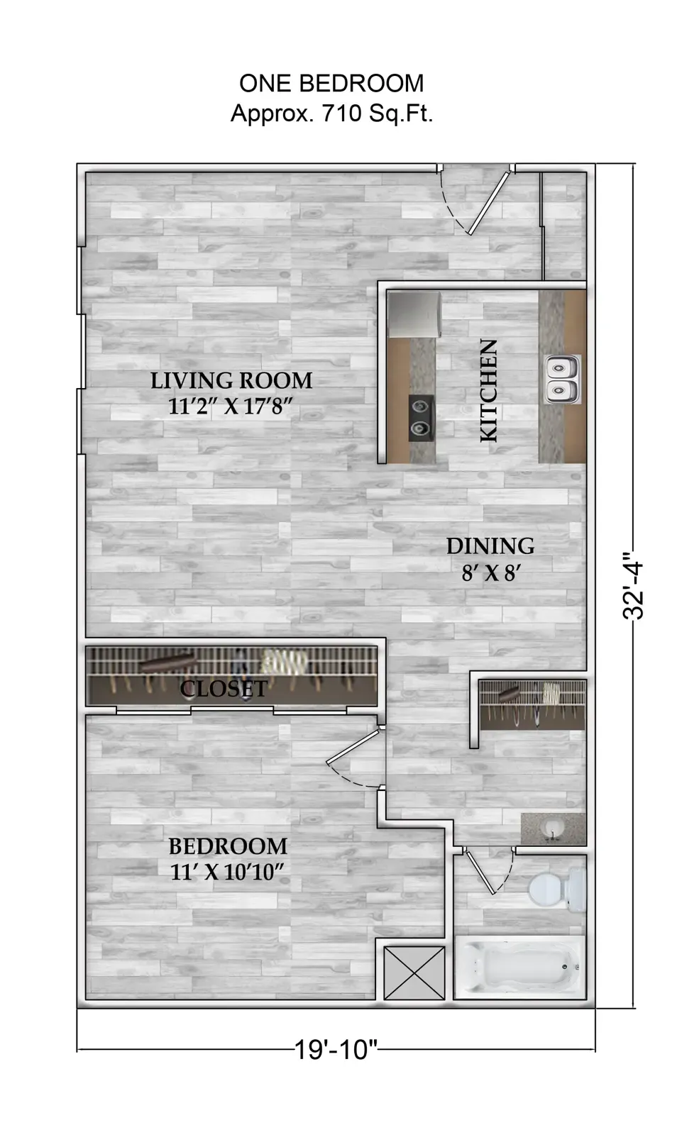 a floor plan of a one bedroom apartment with a living room , dining room , and kitchen  for little Armadillo Apartments 