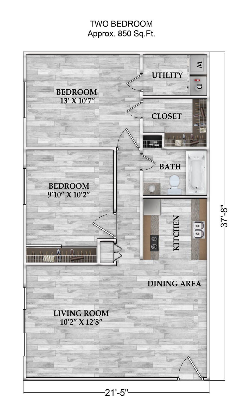 a floor plan of a two bedroom apartment  located in Little Armadillo Apartments 