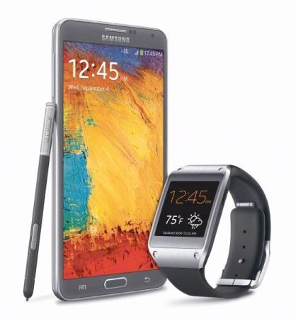 Samsung Galaxy Note smartphone with stylus and a Gear smartwatch.