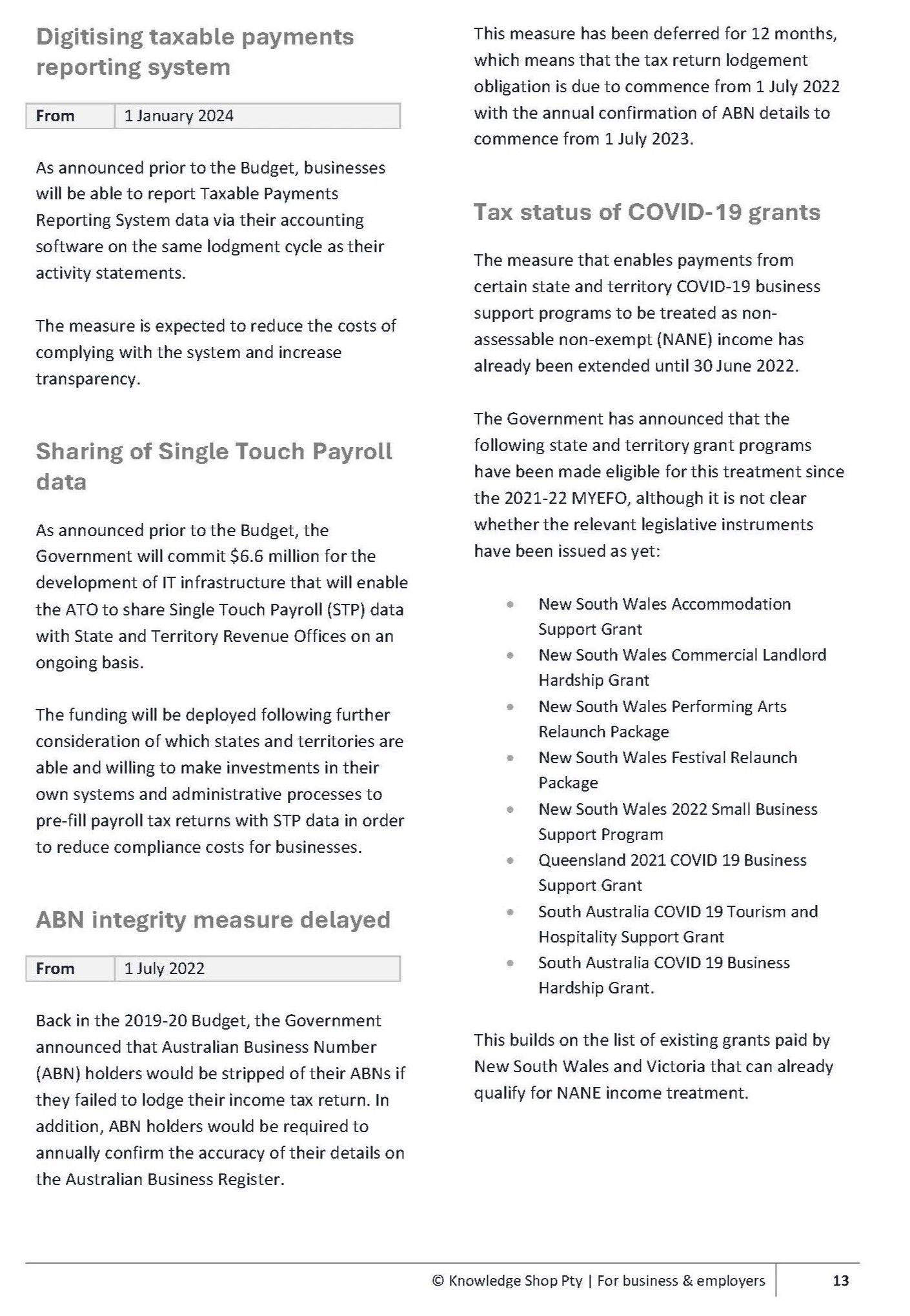 Text from A Document with Information on Taxes, Covid-19 Grants, and Business Support — Wright Partners in Dubbo, NSW