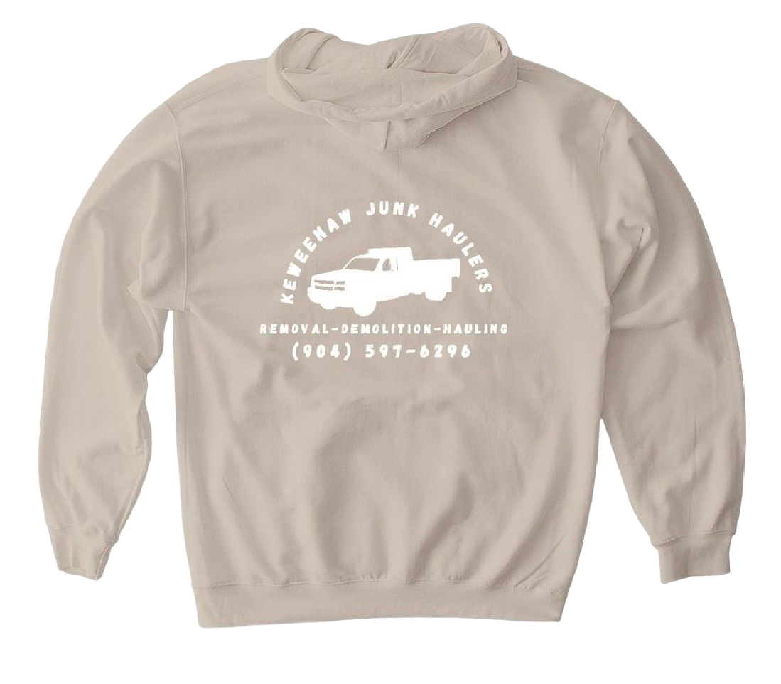 Beige hoodie with white logo: 