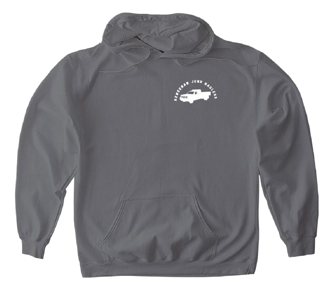 Gray hoodie with white graphic on the chest.