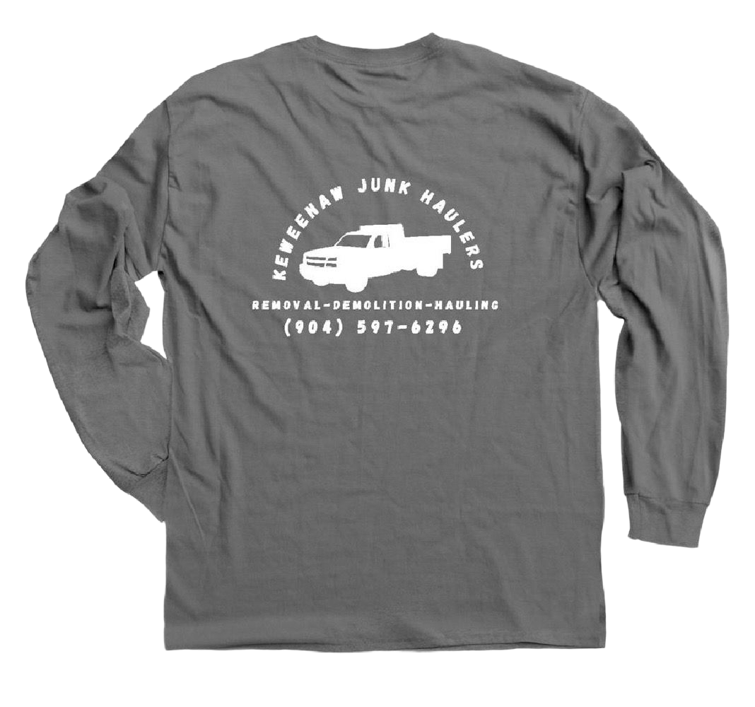 Gray long-sleeved shirt with white text and a truck graphic; reads 