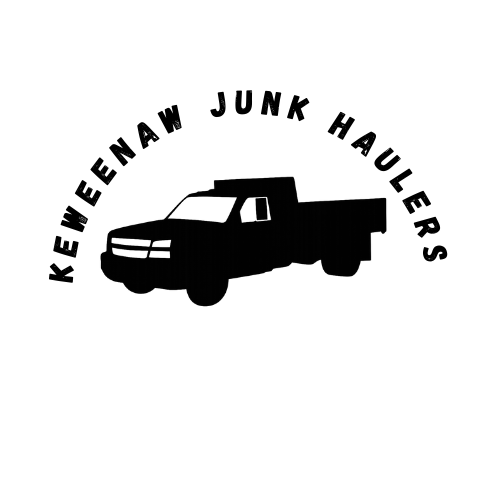 Logo for Keweenaw Junk Haulers, with text and outline of the Upper Peninsula of Michigan, on a black background.