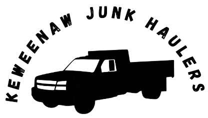 Logo for Keweenaw Junk Haulers, with text and outline of the Upper Peninsula of Michigan, on a black background.
