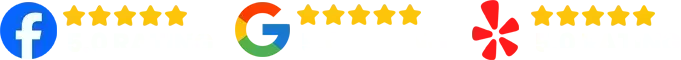Five-star ratings icons for Facebook, Google, and Yelp displayed horizontally.