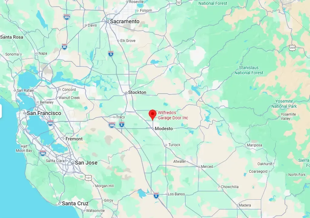 A map of the San Francisco Bay Area in California with a red pin marking a location east of San Jose.