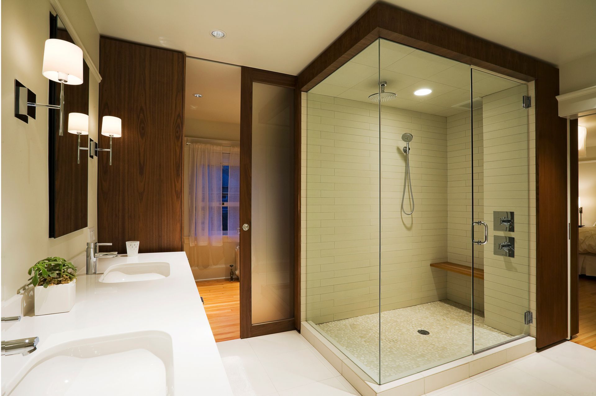 A modern master bathroom.