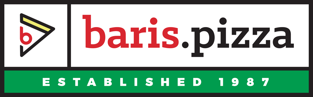 Logo for Baris Pizza, with text and a triangle-shaped symbol. 