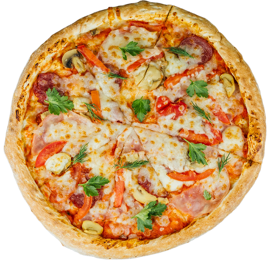 Pizza with toppings including cheese, pepperoni, mushrooms, and bell peppers.