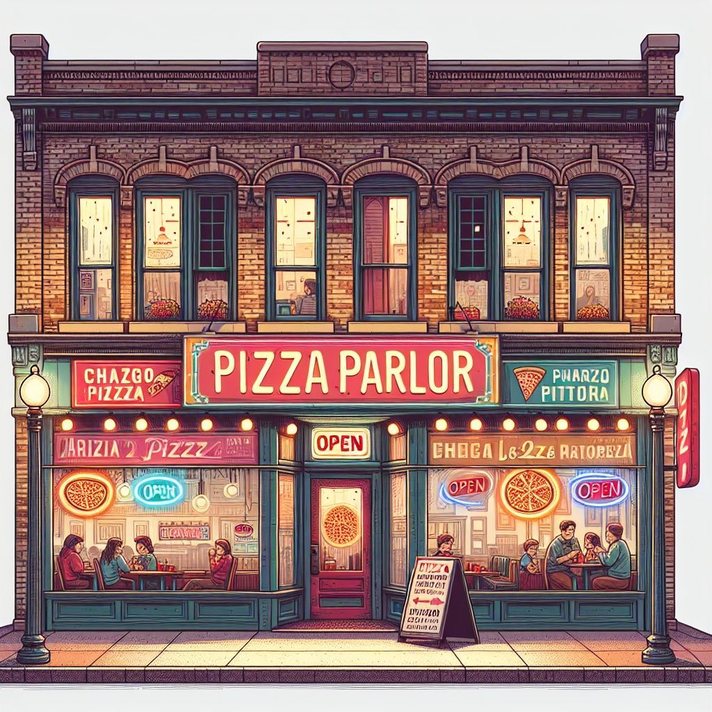 Pizza Parlor storefront, red neon sign, brick building, people eating inside, open sign.