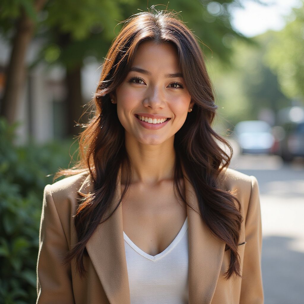Woman in a tan blazer and white top smiles outdoors, blurred background of greenery and buildings.