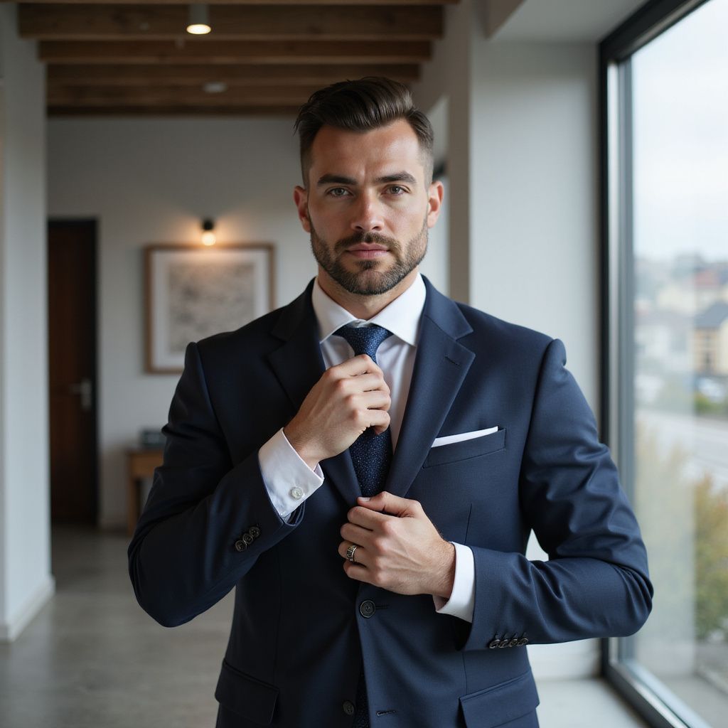 Man in a navy blue suit adjusting his tie in a modern hallway with natural light.