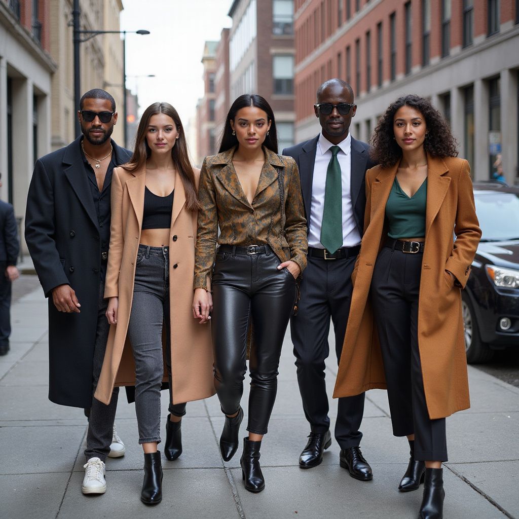 Five people walking down a city street, wearing stylish coats and attire.
