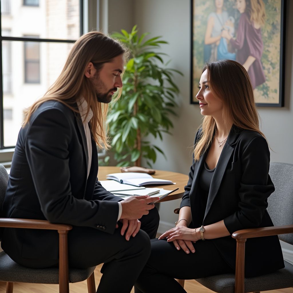 Man and woman in suits converse in an office setting. They are seated, looking at documents.