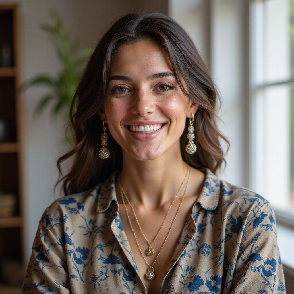 Woman smiling, wearing floral shirt and jewelry, near a window.