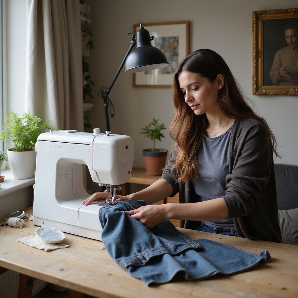 Woman sews denim pants at a wooden table, using a white sewing machine, near a window with plants.
