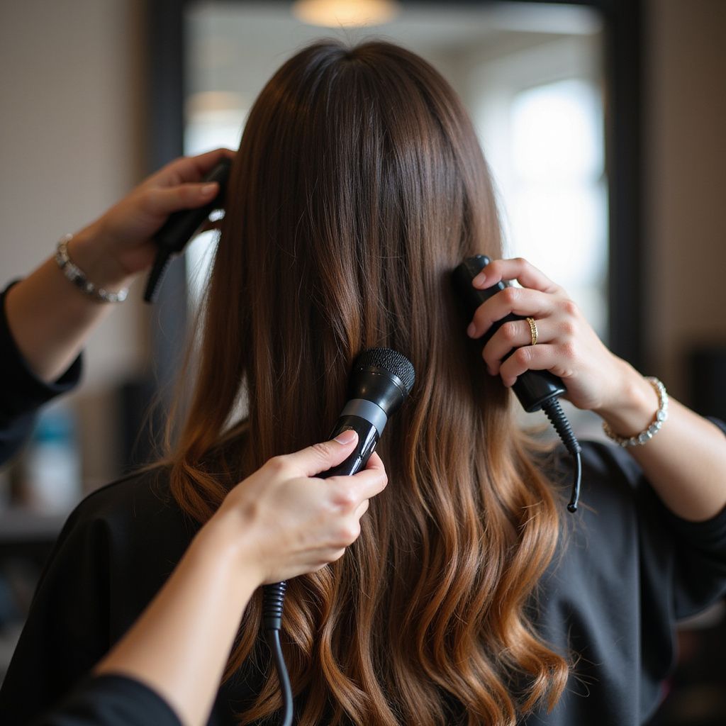 Hands styling long brown hair with curling irons in a salon setting.