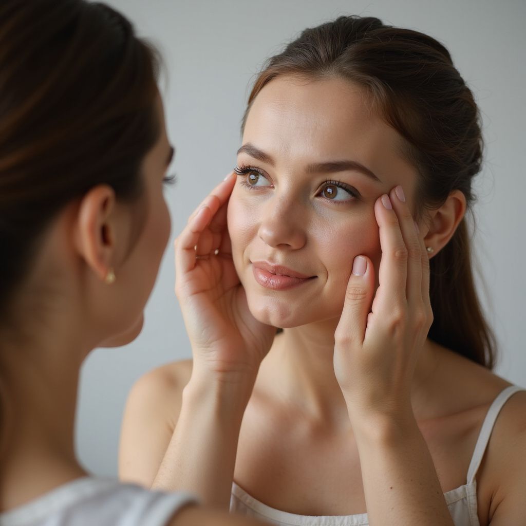 Woman looking in a mirror, touching her face with both hands, smiling. White top, neutral background.