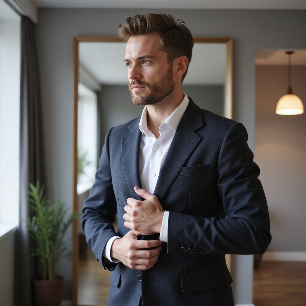 Man in dark suit adjusts his jacket, standing near a window and mirror.