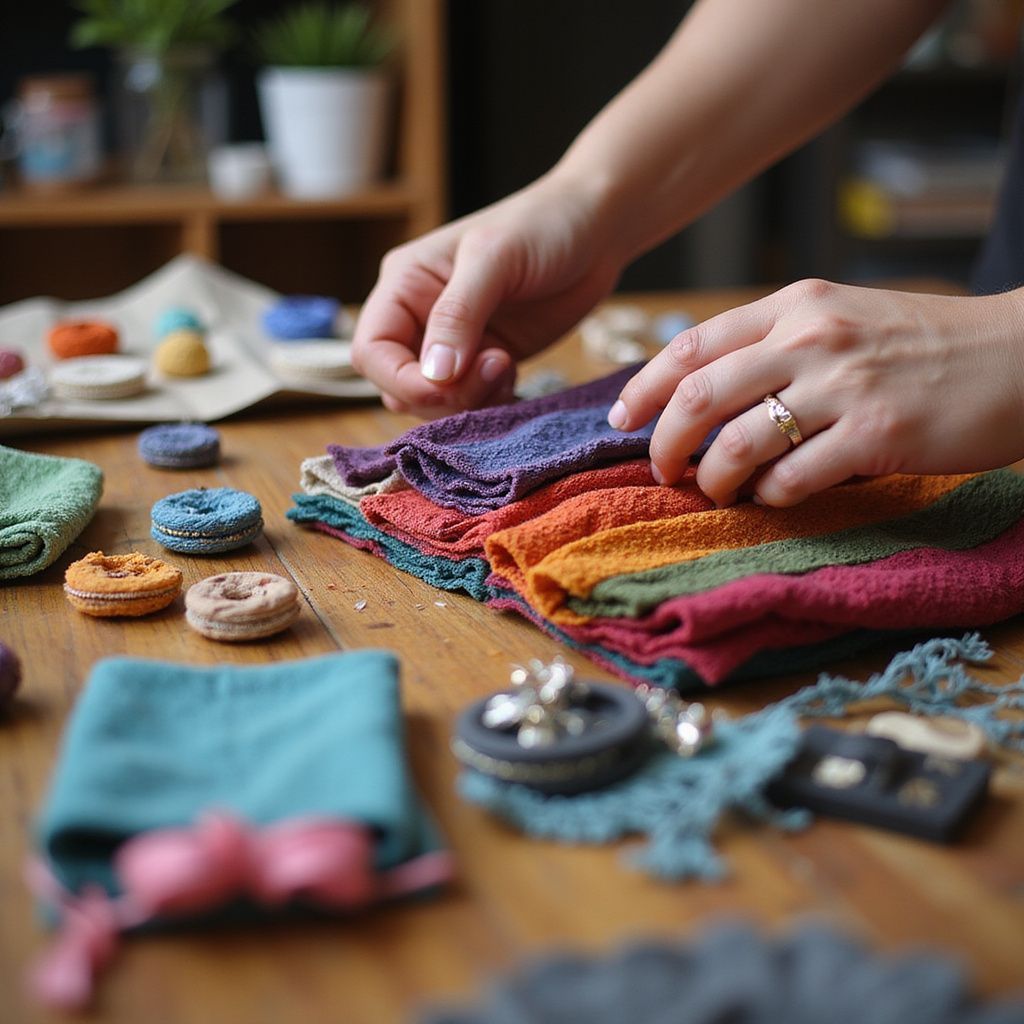 Person arranging colorful cloth squares on a wooden table. Small round objects and fabric scraps are nearby.