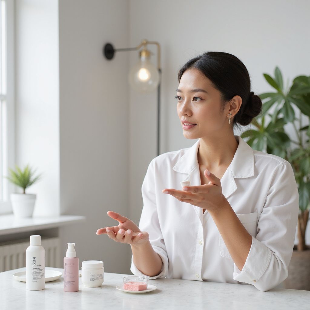 Woman gestures towards skincare products on a table, with a relaxed expression. Bright room, natural light.