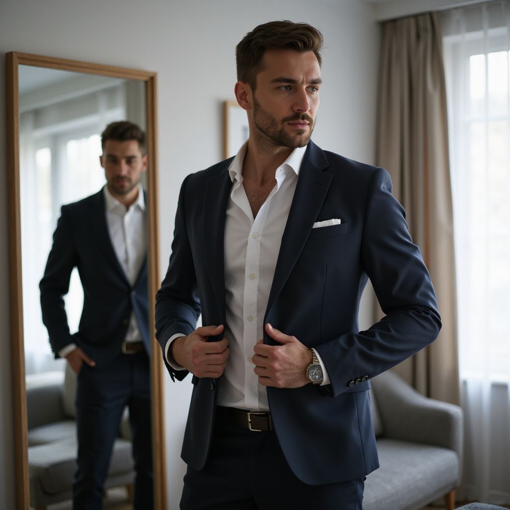 Man in blue suit, white shirt, adjusting jacket in front of a mirror.