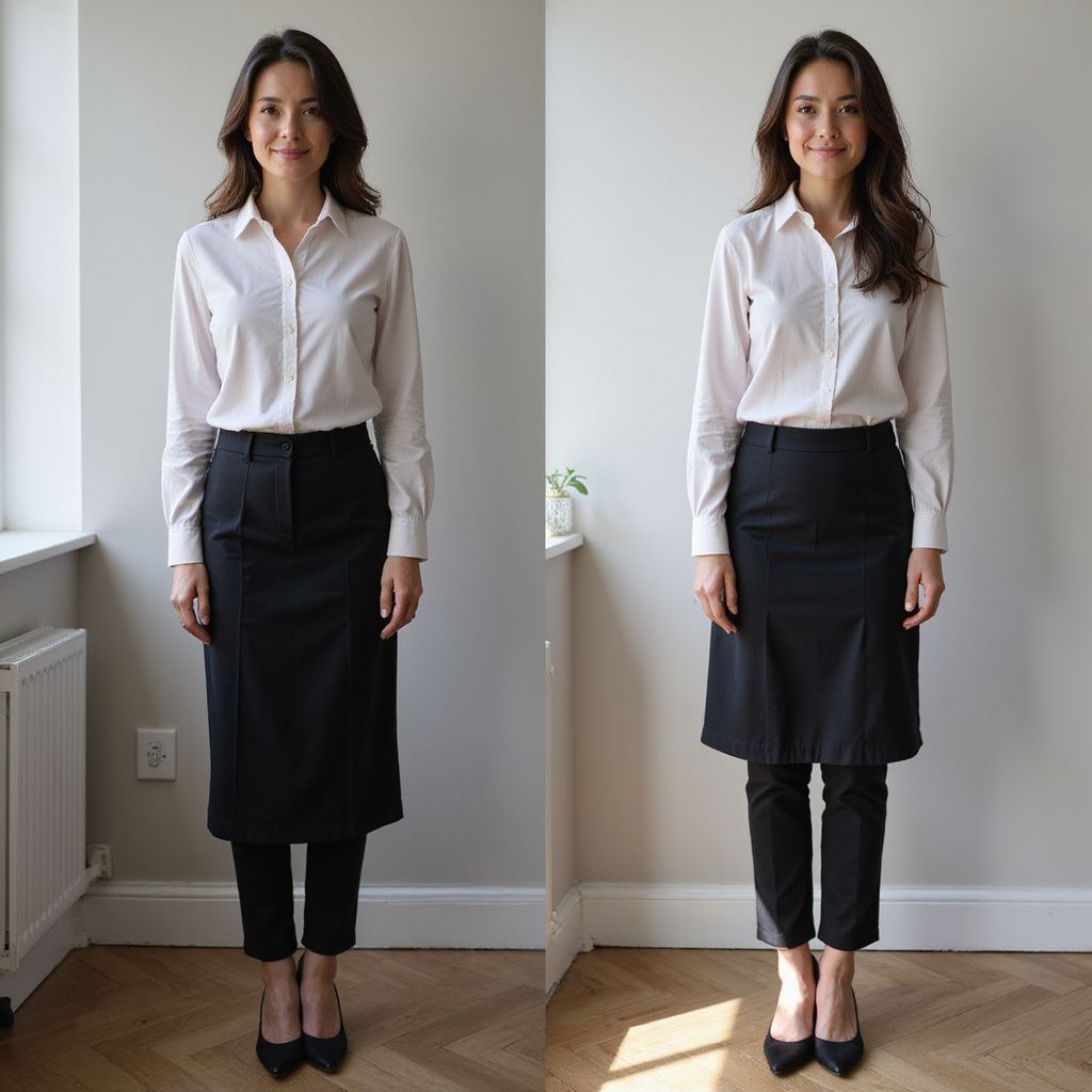 Two photos of a person wearing a white button-down shirt, black pants, and a black skirt, in a bright room.