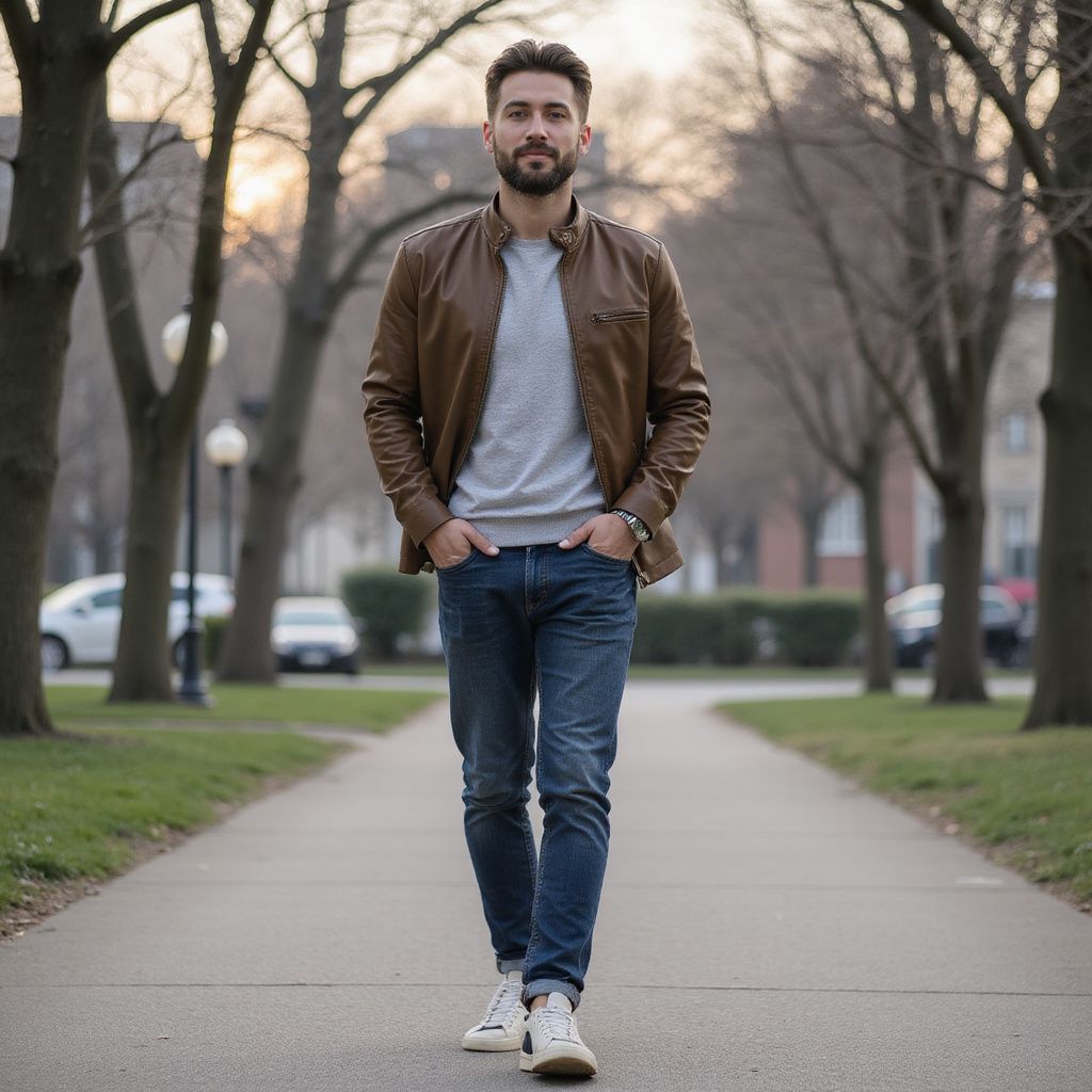 Man in brown leather jacket, gray sweater, and jeans walks toward camera on a path lined with trees.