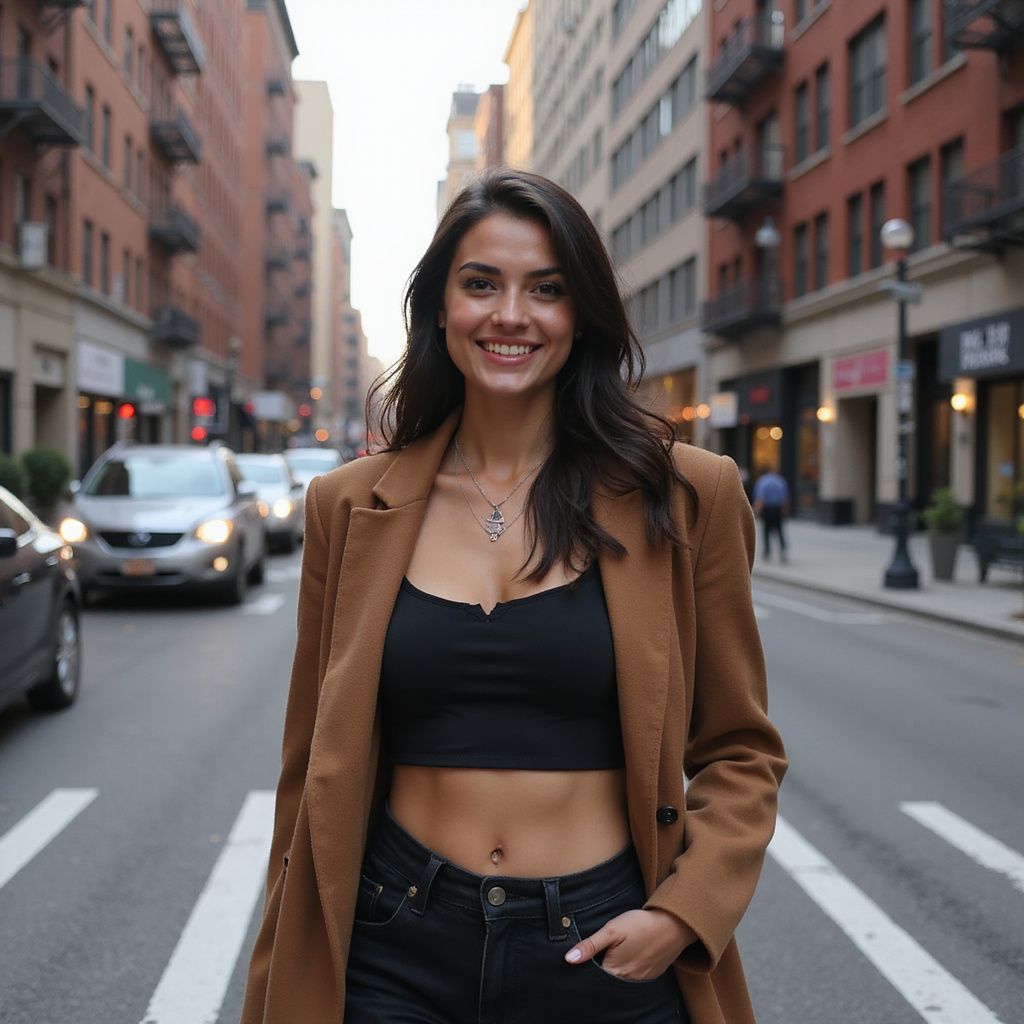 Woman in brown coat and black crop top, smiling on a city street with cars and buildings.
