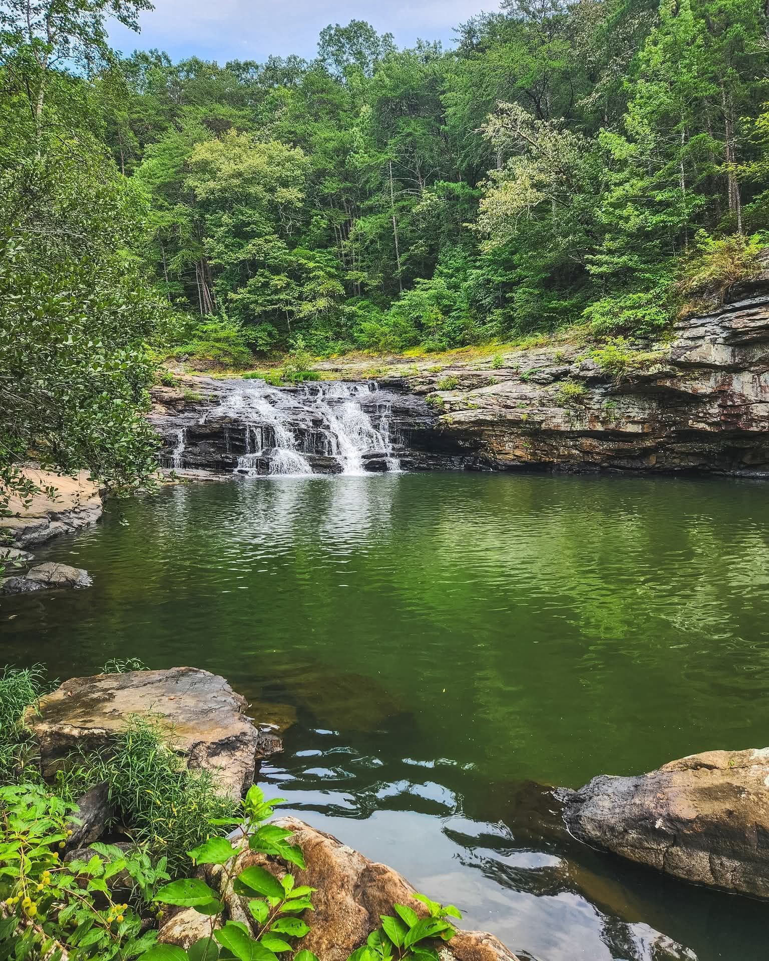 Waterfall cascading into a green-tinted pool, surrounded by rocky ledges and lush green forest.
