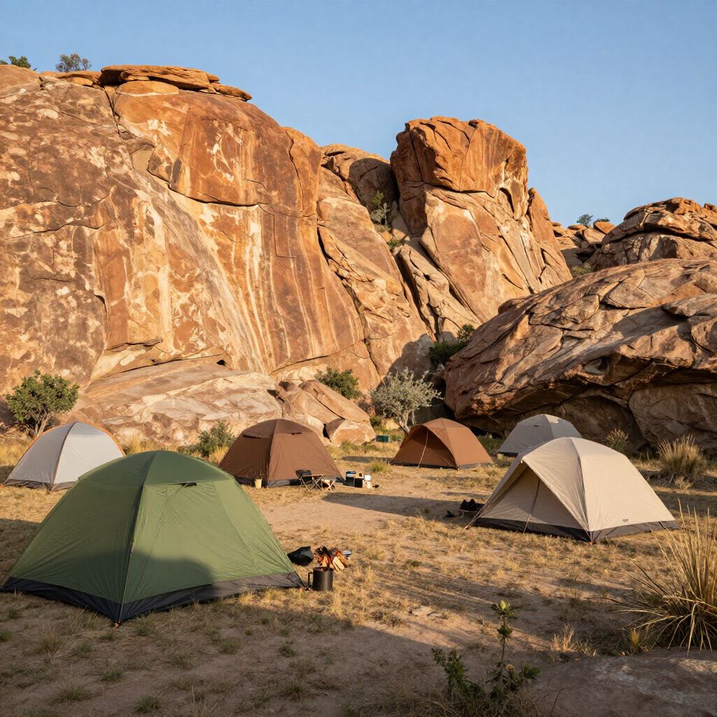 Camping tents are set up in a desert landscape near large rock formations.
