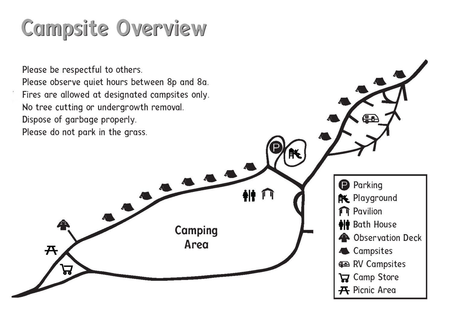 Campsite overview map with legend showing campground features like picnic area, playground, and restrooms.