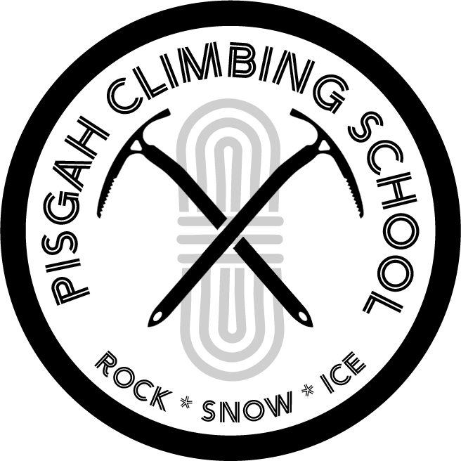 Pisgah Climbing School logo: crossed ice axes over a coiled rope; 