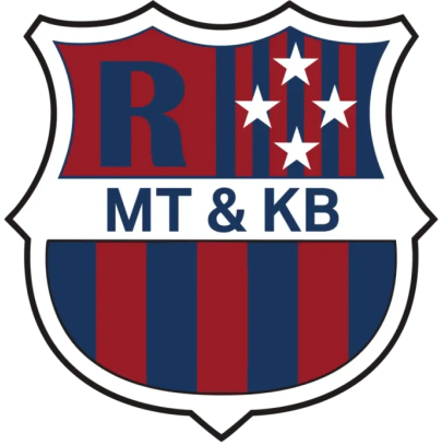 Shield-shaped logo with red and blue stripes, the letters 