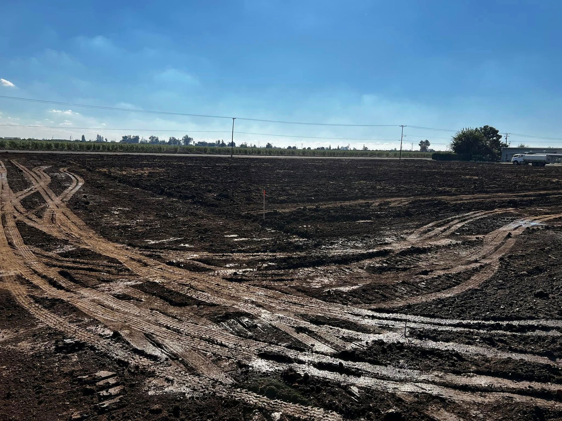 Mud-filled field with deep tire tracks under a clear blue sky.