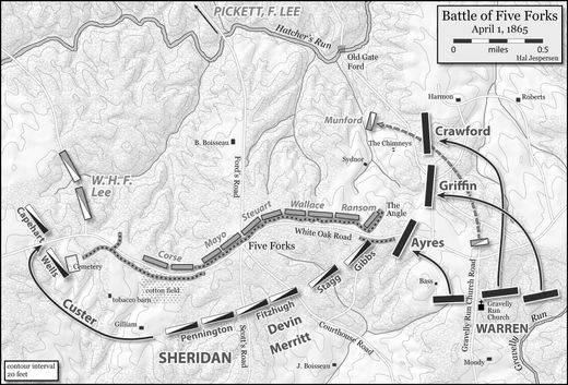 Battle of Five Forks Civil War Map by Hal Jespersen from High-Bounty Men in the Army of the Potomac.