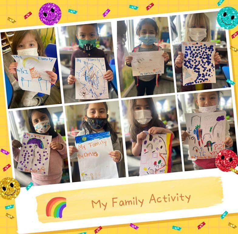 A collage of children wearing face masks and holding drawings with the words my family activity at the bottom