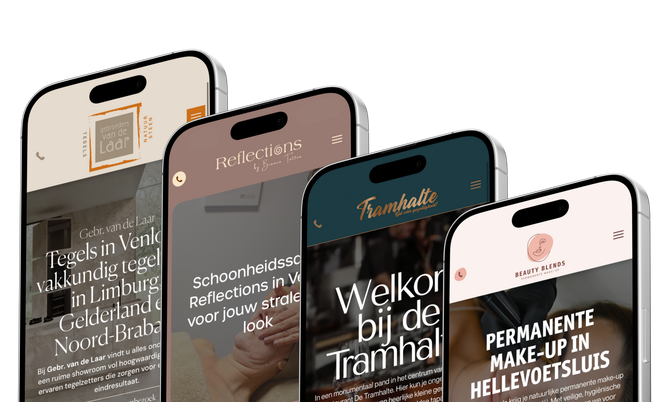 Vier smartphones met verschillende websiteontwerpen.