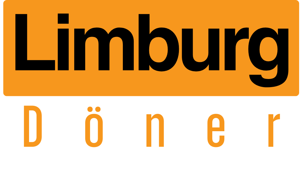 Logo van Limburg Döner, zwarte tekst op oranje rechthoek, daaronder oranje tekst 