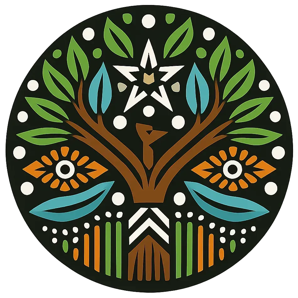 Cirkelvormig embleem met gestileerde boom-, ster- en bloemelementen in groen, bruin, blauw en oranje op een zwarte achtergrond.