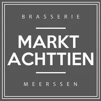 Logo for Brasserie Markt Achttien, in Meerssen, white text on a gray background, with a double border.